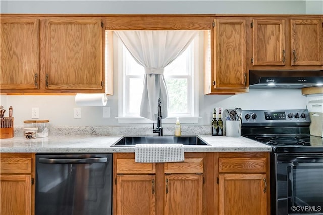 kitchen with black electric range oven, under cabinet range hood, a sink, stainless steel dishwasher, and brown cabinetry