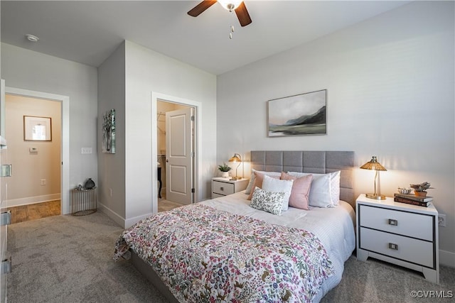 carpeted bedroom featuring a ceiling fan and baseboards