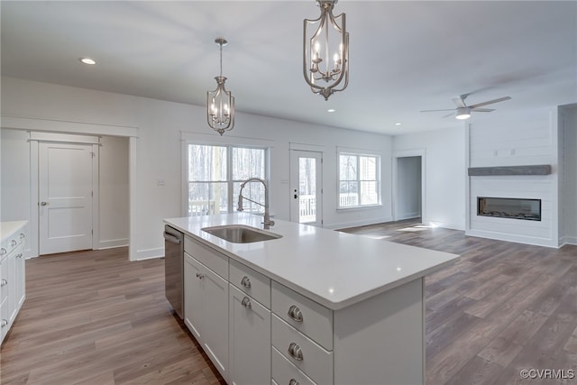 kitchen featuring a sink, light countertops, light wood-style flooring, a fireplace, and stainless steel dishwasher