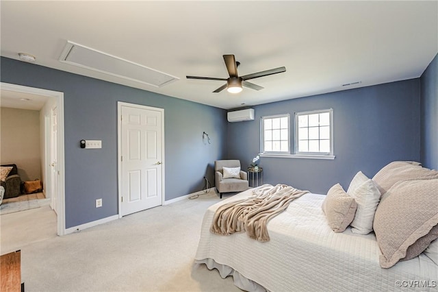 carpeted bedroom featuring visible vents, an AC wall unit, baseboards, attic access, and ceiling fan