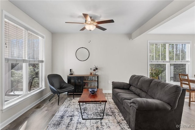 living area with ceiling fan, baseboards, and wood finished floors