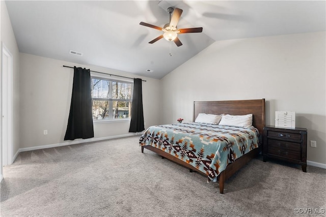 carpeted bedroom with visible vents, baseboards, a ceiling fan, and vaulted ceiling