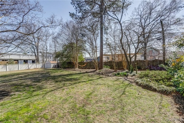 view of yard with an outbuilding, a storage unit, and a fenced backyard