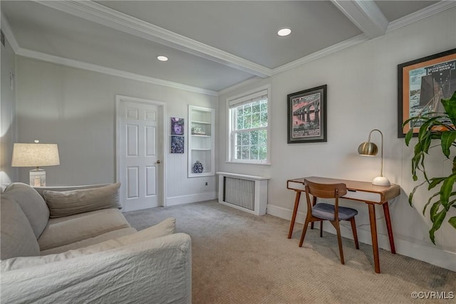 office space featuring recessed lighting, radiator, carpet, crown molding, and baseboards