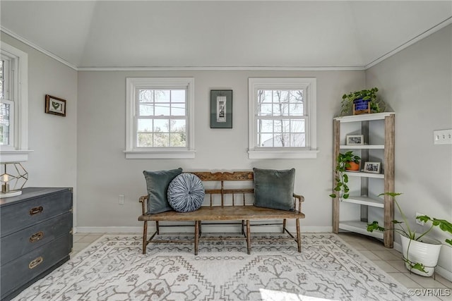 living area featuring vaulted ceiling, light tile patterned floors, baseboards, and plenty of natural light