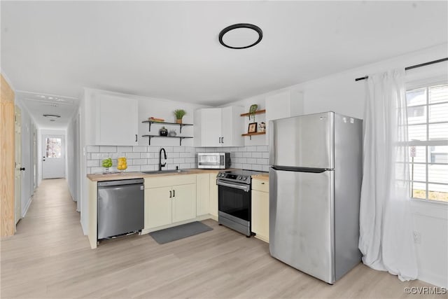 kitchen featuring tasteful backsplash, open shelves, appliances with stainless steel finishes, light wood-style floors, and a sink