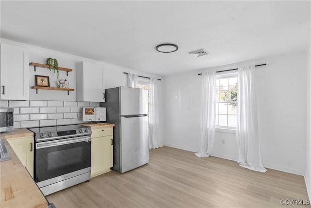 401 Hunt Ave, Richmond, VA 23222 - kitchen featuring stainless steel appliances, butcher block countertops, visible vents, and open shelves
