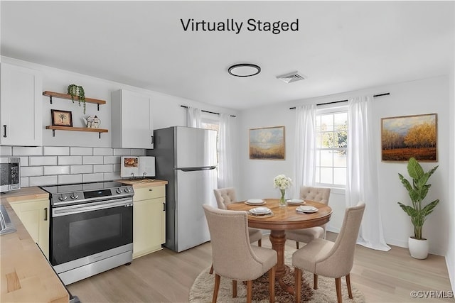 401 Hunt Ave, Richmond, VA 23222 - kitchen with light wood-type flooring, open shelves, visible vents, appliances with stainless steel finishes, and backsplash