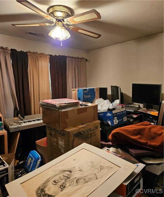 interior space with visible vents and ceiling fan