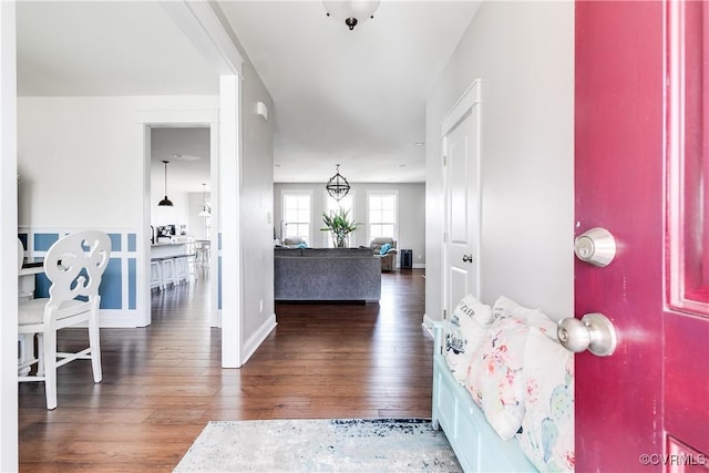 foyer entrance with baseboards and wood finished floors