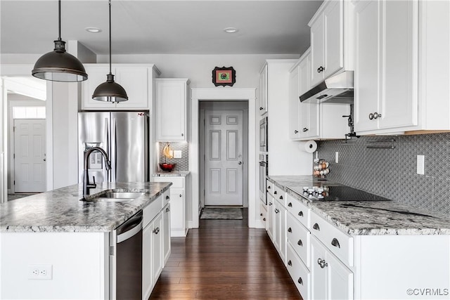 kitchen featuring dark wood-style floors, a sink, stainless steel appliances, under cabinet range hood, and white cabinetry