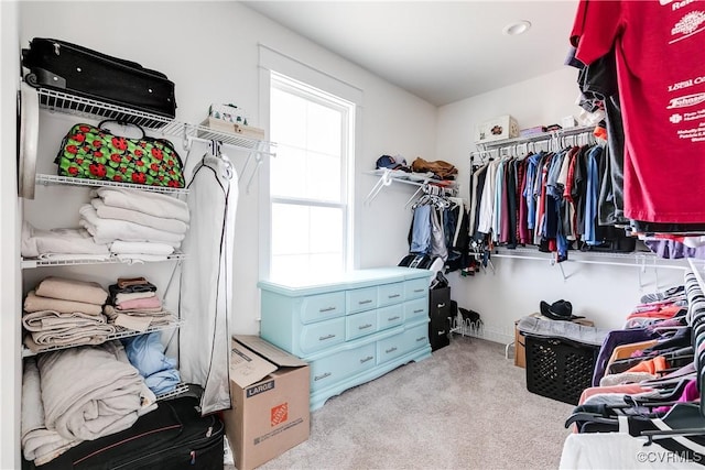 walk in closet with light carpet