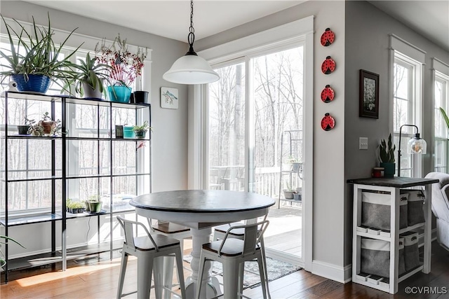 dining area with baseboards and wood finished floors