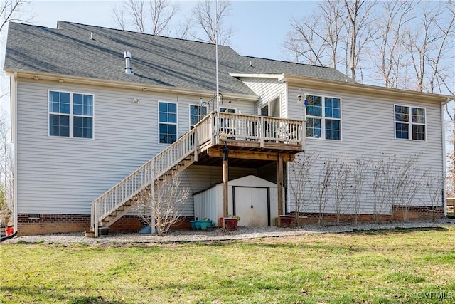 back of house with an outbuilding, a wooden deck, stairs, crawl space, and a storage shed