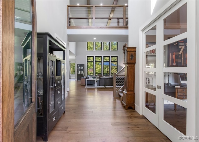 entrance foyer featuring french doors, a high ceiling, and wood finished floors