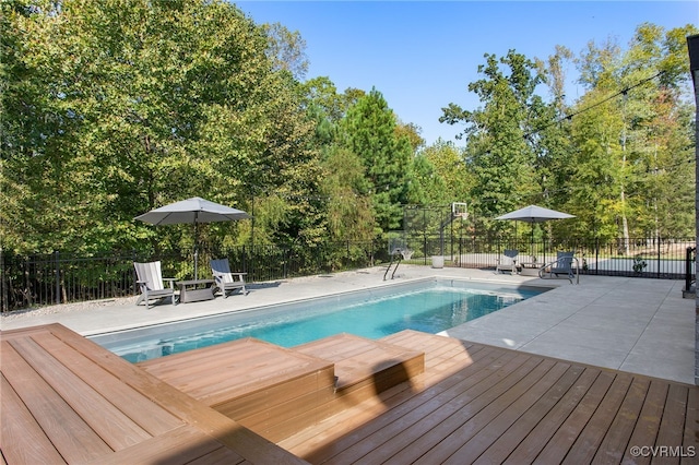 view of pool featuring a fenced in pool, a patio area, and fence