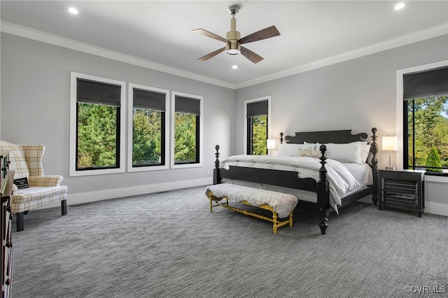 bedroom featuring carpet flooring, recessed lighting, crown molding, and baseboards