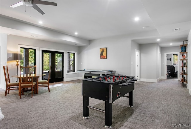 game room featuring recessed lighting, french doors, baseboards, and carpet