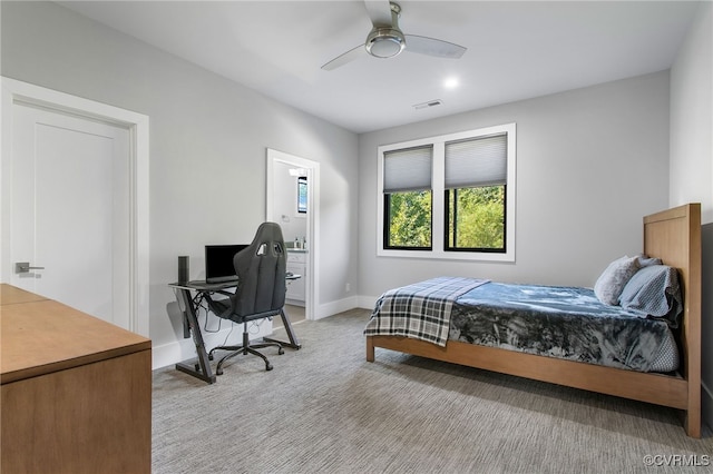 bedroom featuring light carpet, visible vents, ceiling fan, and baseboards