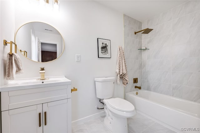 full bath featuring vanity, visible vents, baseboards, shower / bath combination, and toilet