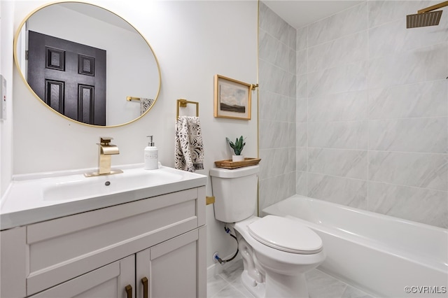 full bath featuring marble finish floor, toilet, vanity, and  shower combination