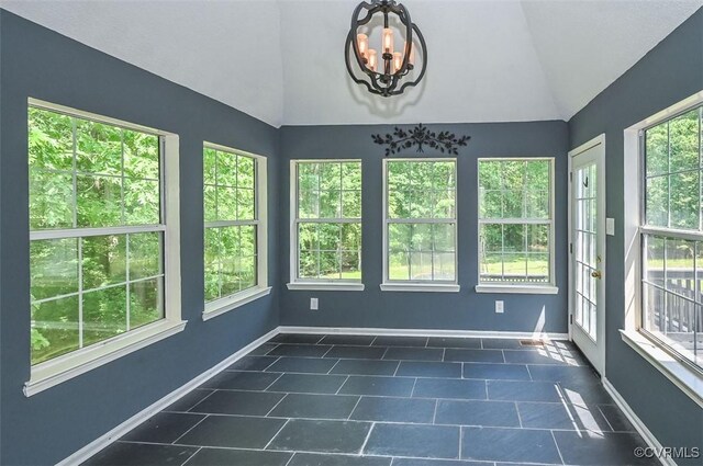 3090 Magnolia Woods Ct, Quinton, VA 23141 - unfurnished sunroom featuring plenty of natural light, vaulted ceiling, and an inviting chandelier