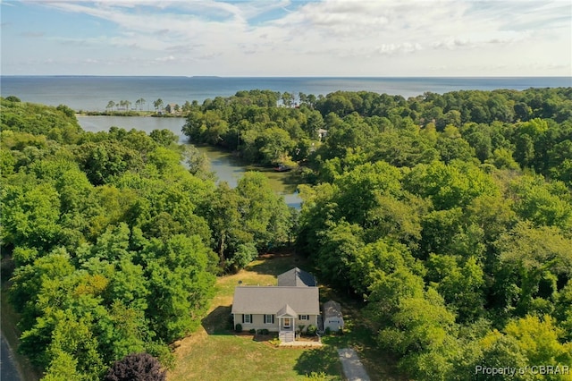 bird's eye view with a forest view and a water view