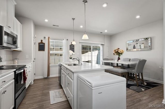 kitchen with a sink, appliances with stainless steel finishes, dark wood finished floors, and recessed lighting