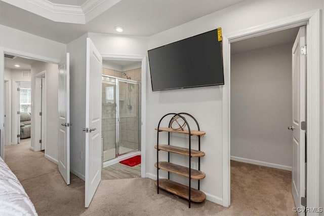 full bath with visible vents, crown molding, baseboards, recessed lighting, and a stall shower