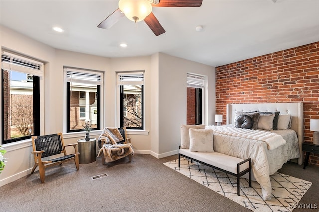 carpeted bedroom featuring recessed lighting, baseboards, visible vents, and ceiling fan