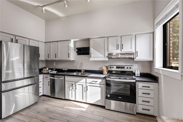 kitchen featuring dark countertops, wood tiled floor, under cabinet range hood, stainless steel appliances, and a sink