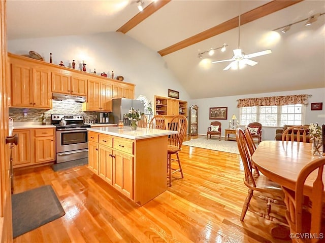 kitchen featuring ceiling fan, under cabinet range hood, light countertops, light wood-style flooring, and appliances with stainless steel finishes