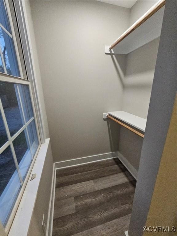 walk in closet with wood finished floors