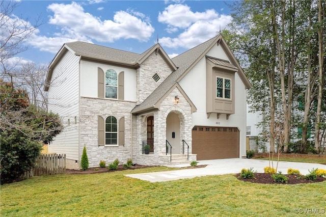 view of front of home featuring stone siding, a front lawn, concrete driveway, and a garage