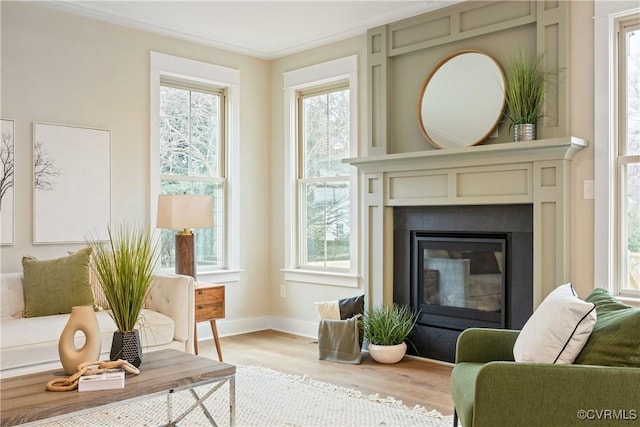 sitting room featuring light wood-type flooring, baseboards, and a glass covered fireplace