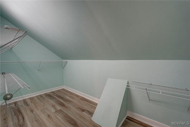 spacious closet with wood finished floors and vaulted ceiling