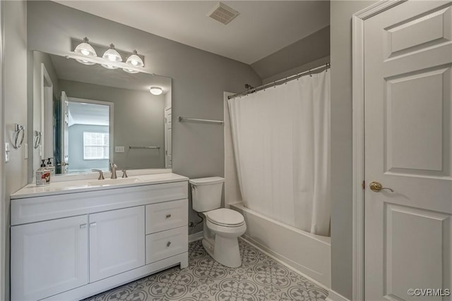 bathroom with vanity, shower / bathtub combination with curtain, visible vents, tile patterned flooring, and toilet