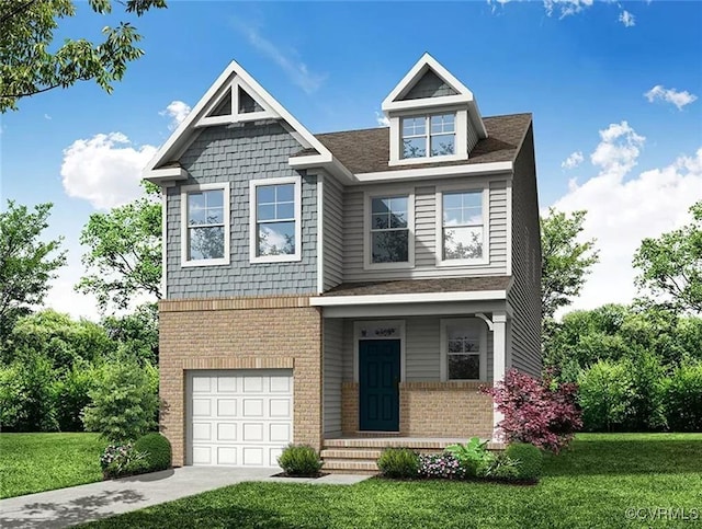 view of front facade featuring a front yard, an attached garage, brick siding, and driveway