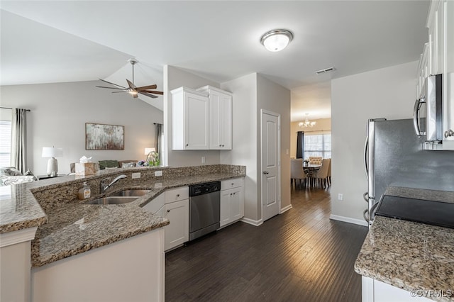 kitchen featuring visible vents, dark wood-type flooring, ceiling fan with notable chandelier, a sink, and appliances with stainless steel finishes