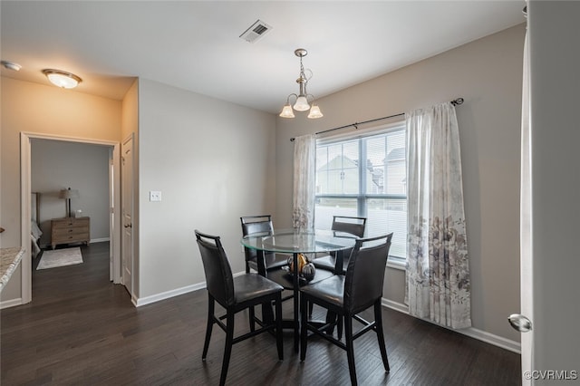 dining room with dark wood-style floors, visible vents, and baseboards