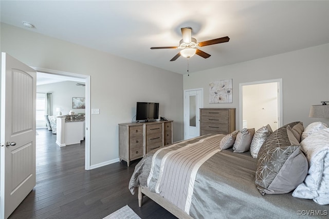 bedroom featuring baseboards, dark wood-style flooring, and ceiling fan