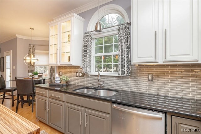 kitchen with white cabinets, dishwasher, crown molding, and a sink