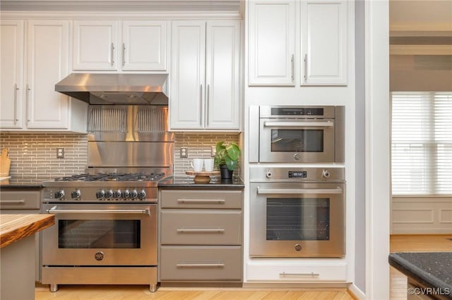 kitchen featuring under cabinet range hood, decorative backsplash, appliances with stainless steel finishes, and white cabinetry