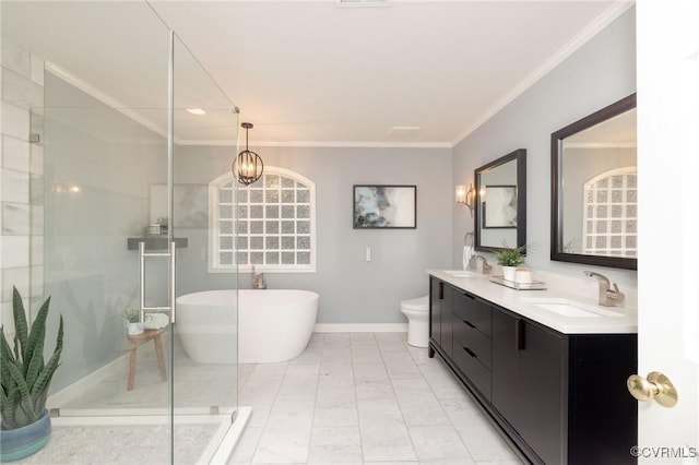 bathroom with a shower stall, ornamental molding, and a sink