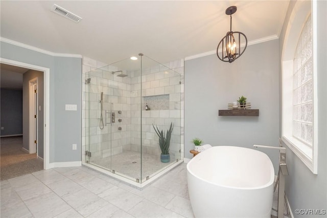 full bathroom with a soaking tub, visible vents, a shower stall, and ornamental molding