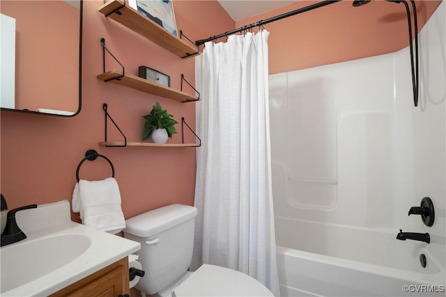 full bath featuring toilet, vanity, and shower / bath combination with curtain