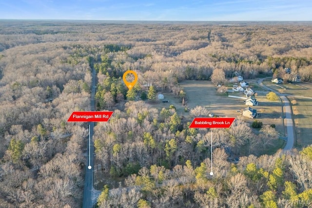 aerial view featuring a wooded view