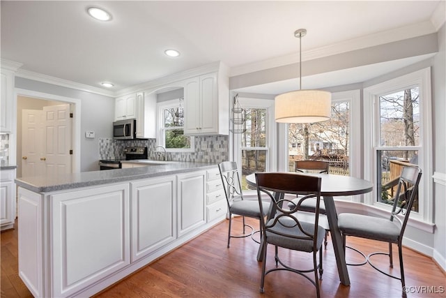 kitchen with white cabinetry, wood finished floors, and stainless steel appliances