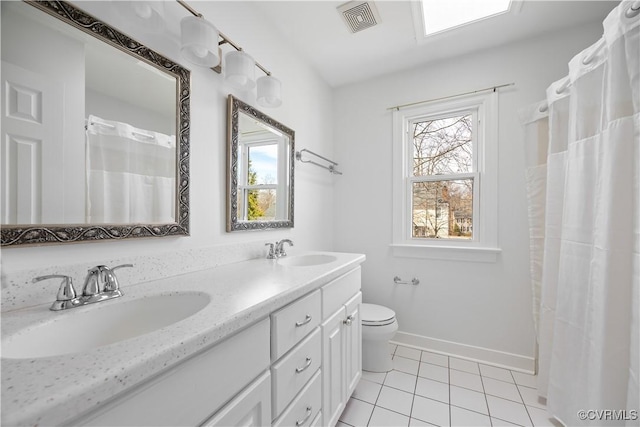 bathroom featuring a sink, visible vents, toilet, and tile patterned flooring