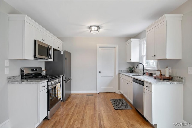 kitchen featuring baseboards, light wood-style floors, white cabinets, stainless steel appliances, and a sink